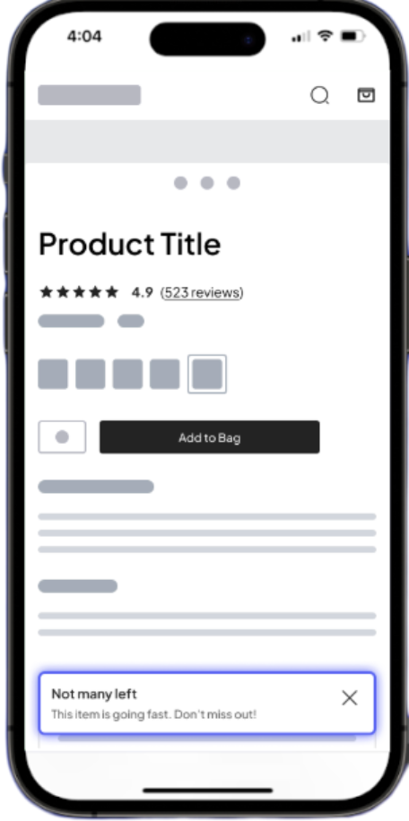 Mobile shopping interface showing an inline campaign alert box that reads: Not many left. This item is going fast. Don't miss out!