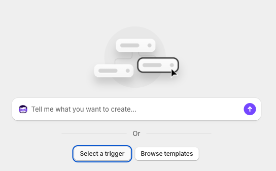 The Shopify Flow workflow editor showing the Select a trigger button.