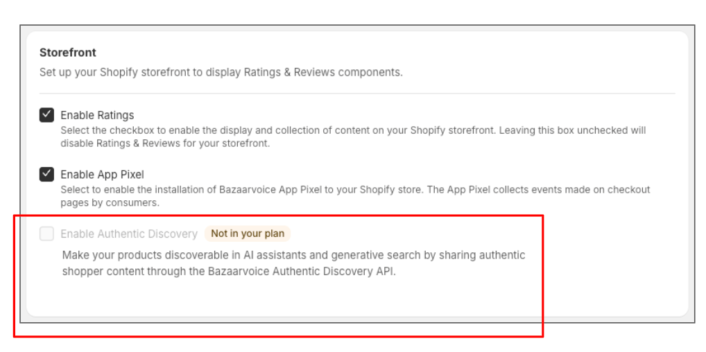 Shopify settings menu highlighting an unavailable "Enable Authentic Discovery" option labeled "Not in your plan."