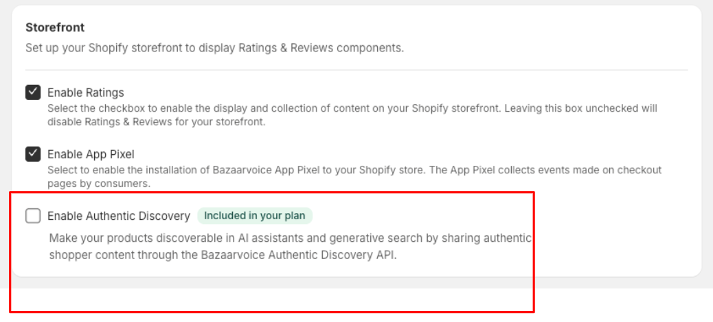 Shopify settings menu highlighting an unchecked "Enable Authentic Discovery" checkbox labeled "Included in your plan."