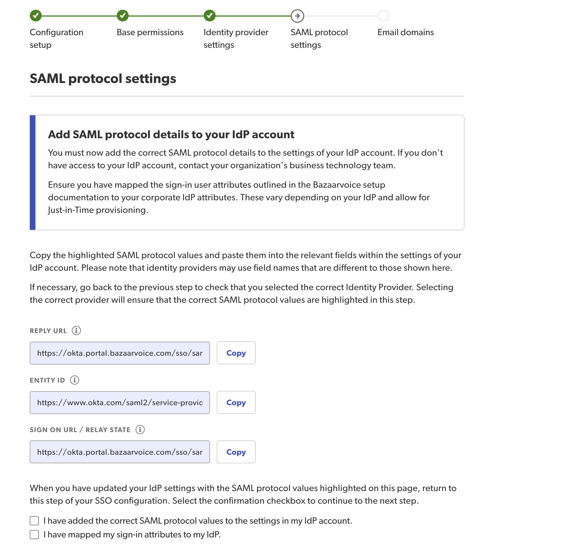 Setup wizard showing SAML protocol settings