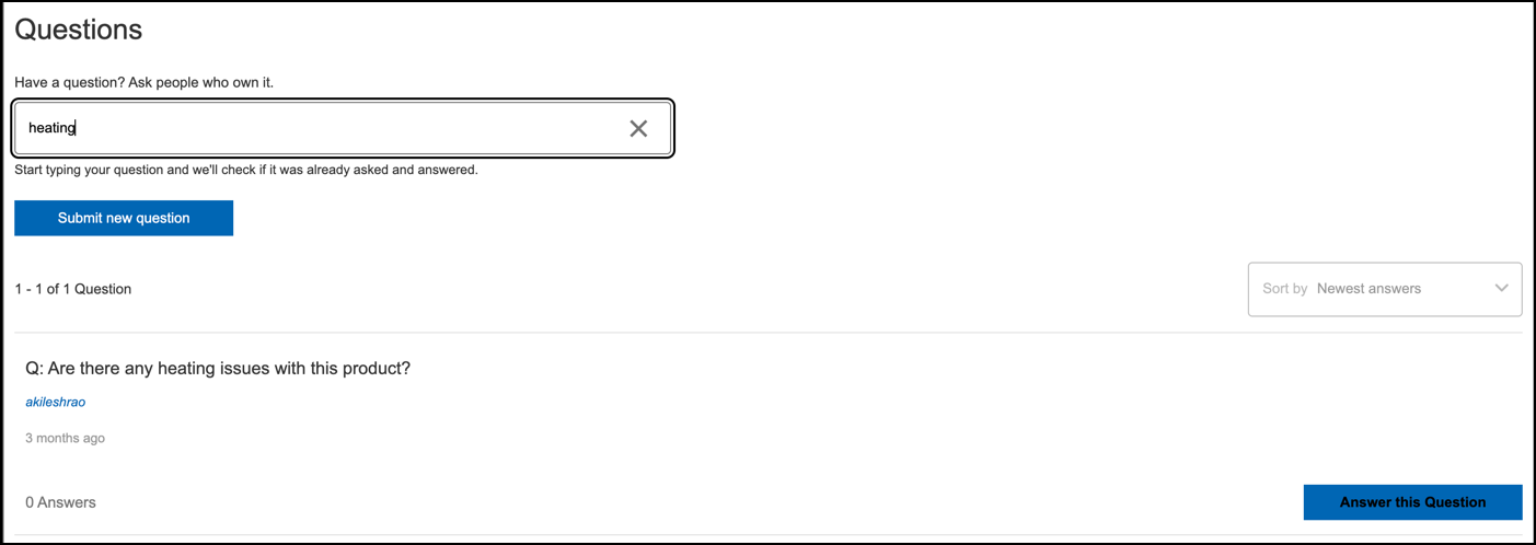 A web interface titled 'Questions' featuring a search input containing the word 'heating' and a 'Submit new question' button. Below, a single search result shows a question from user 'akileshrao' asking, 'Are there any heating issues with this product?' with an 'Answer this Question' button.