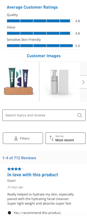 Product review page showing Average Customer Ratings: Quality 4.8, Value 4.8, and Sensitive Skin Friendly 5.0. Below are customer images of 'SUDS' brand skincare bottles and a 4-star review from Court titled 'In love with this product,' stating it helped hydrate skin and absorbs fast.