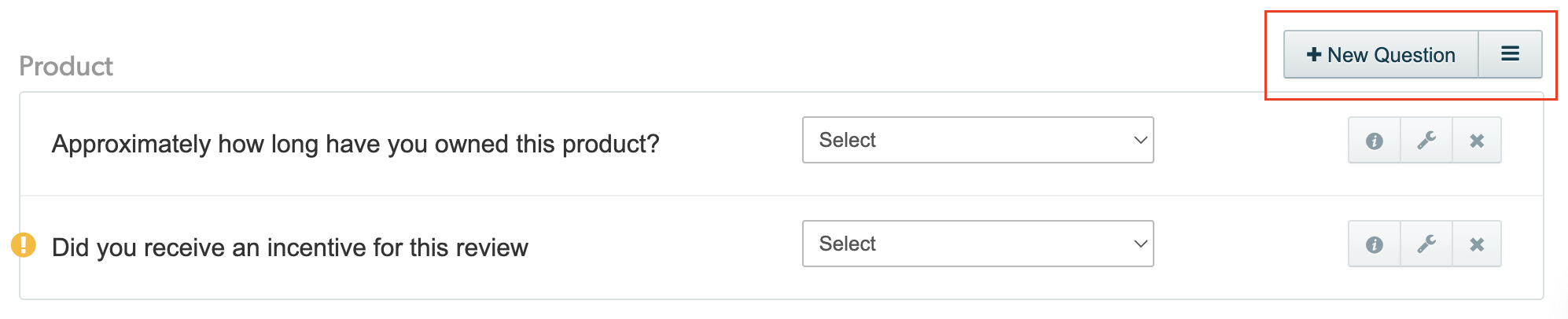 Submission form showing the new question button