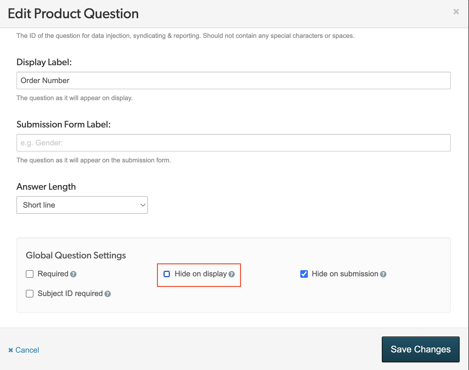 Edit product question window showing the Hide on display checkbox