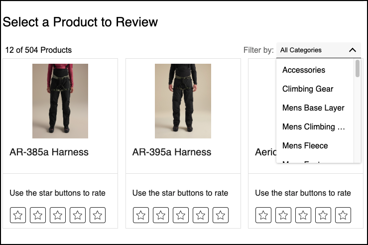 Product picker showing all available product categories