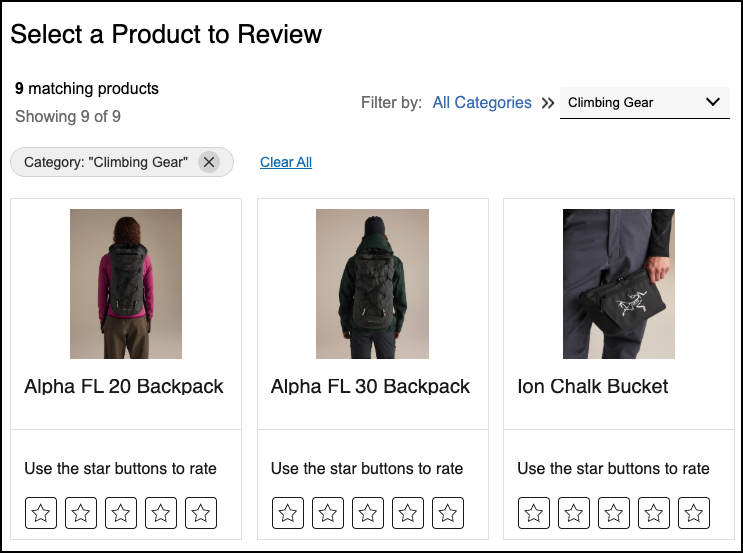 Product picker showing a category-based view
