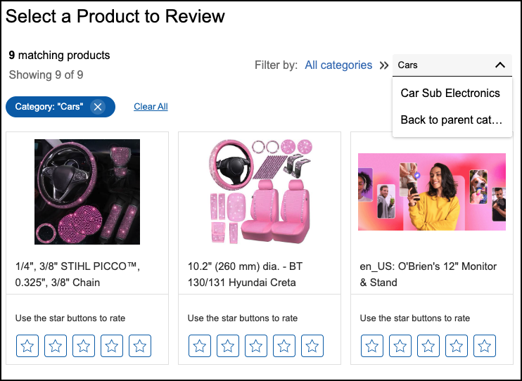 product picker showing both category and its subcategories