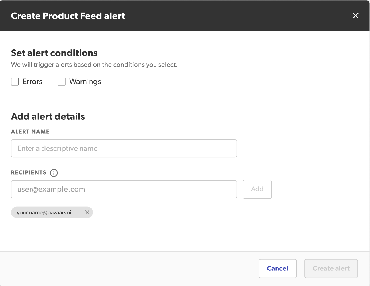 Create product feed alert