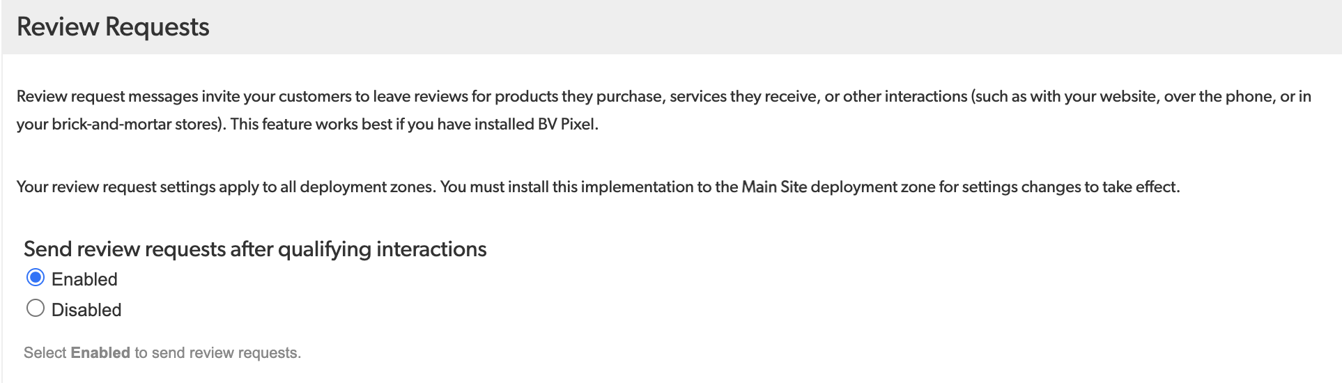 Portal showing the Review Request setting