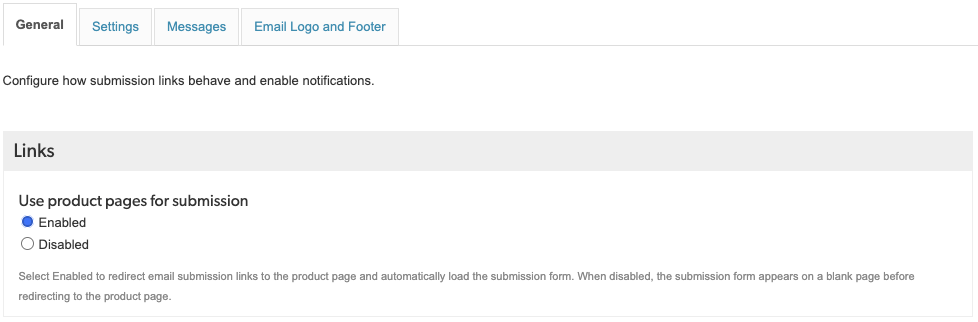 Links section showing the Use Product pages for submission setting