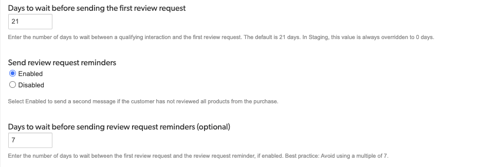 List of settings that can be used to configure the review request timings
