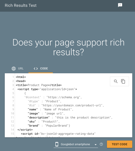 Google Rich Results Test tool interface with the code input tab selected