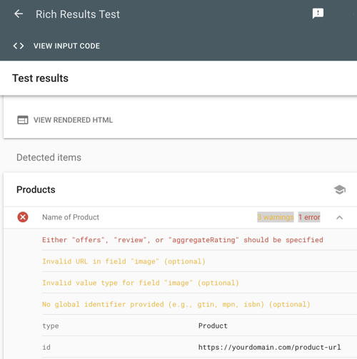 Google Rich Results Test results page showing detected structured data and validation status