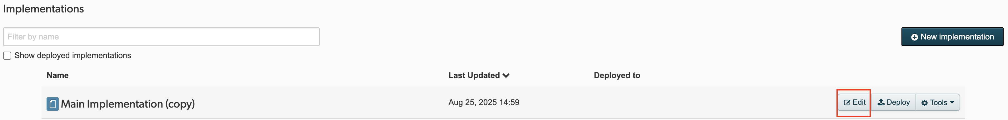 Implementations page showing the edit button