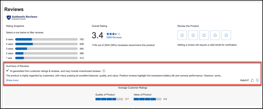 Interface example of an AI-generated review summary shown as a paragraph