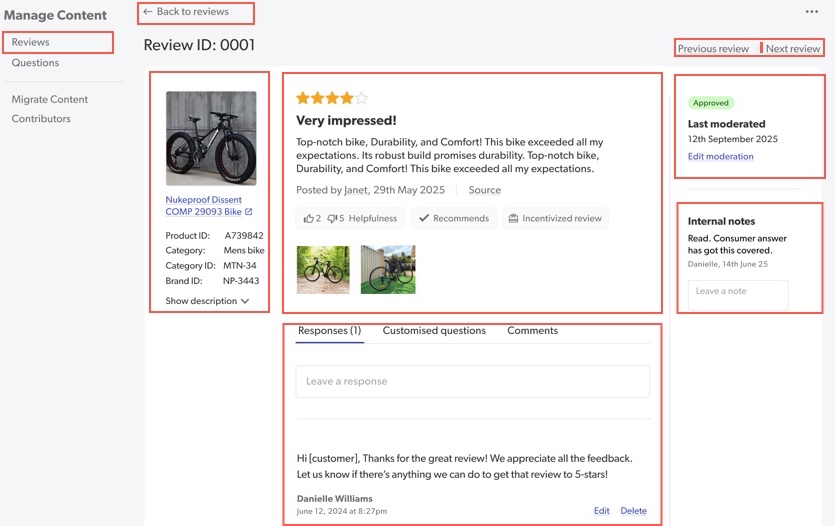 Screenshot of Reviews Detail View with highlights to showcase key components