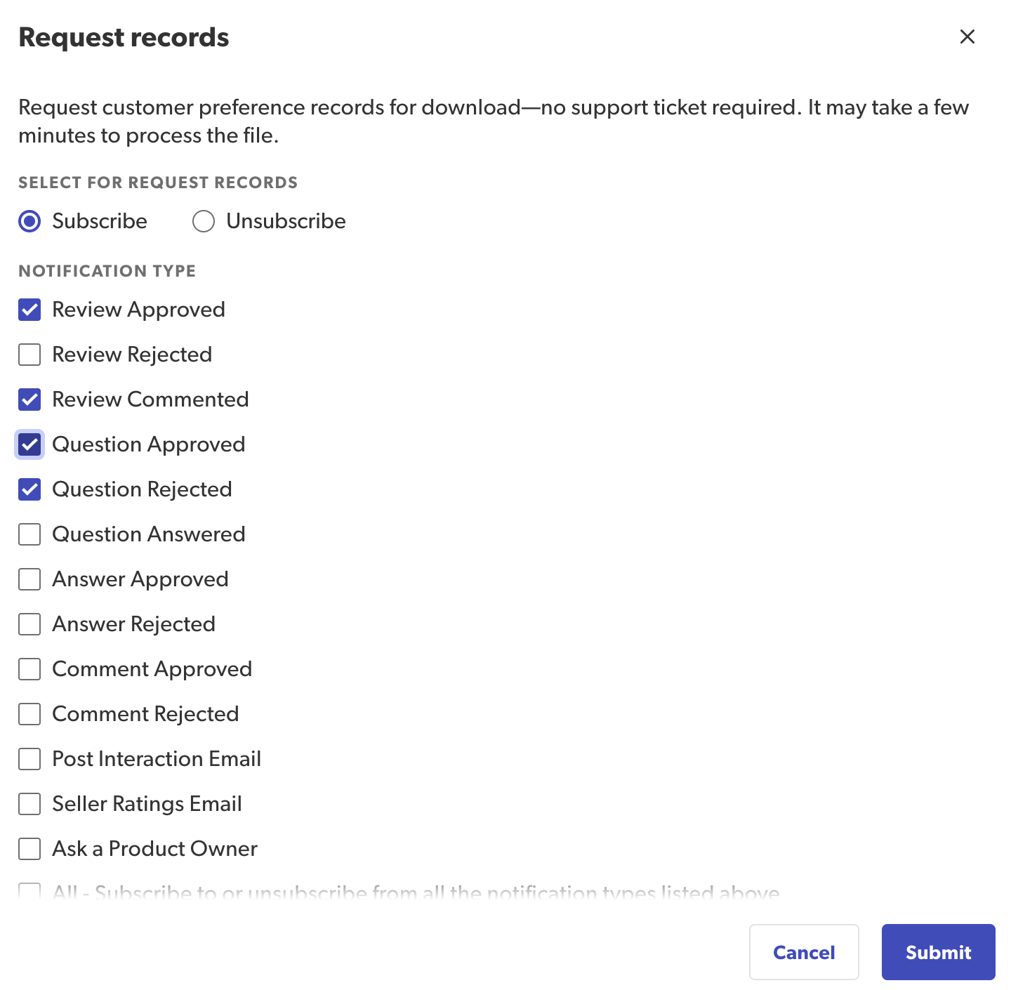 Export subscription feed dialog