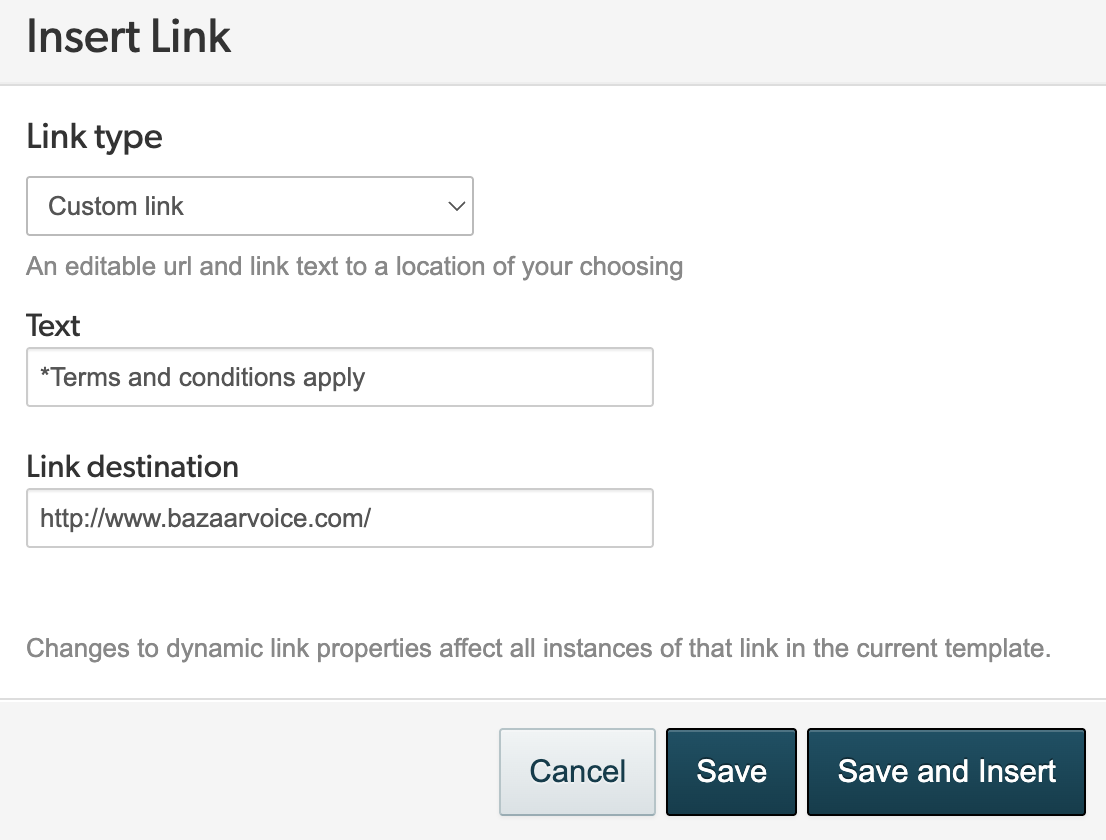 Insert Link window showing all configurable options for the link