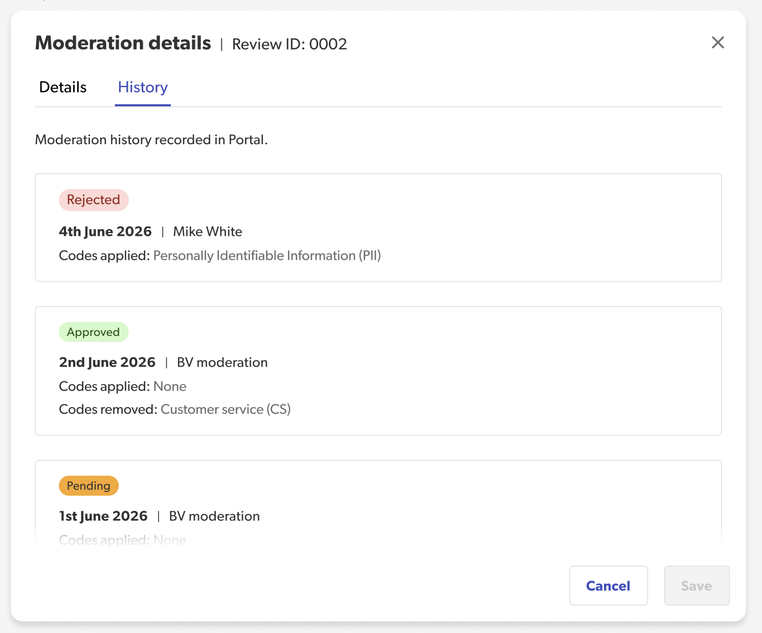 Image of moderation history tab