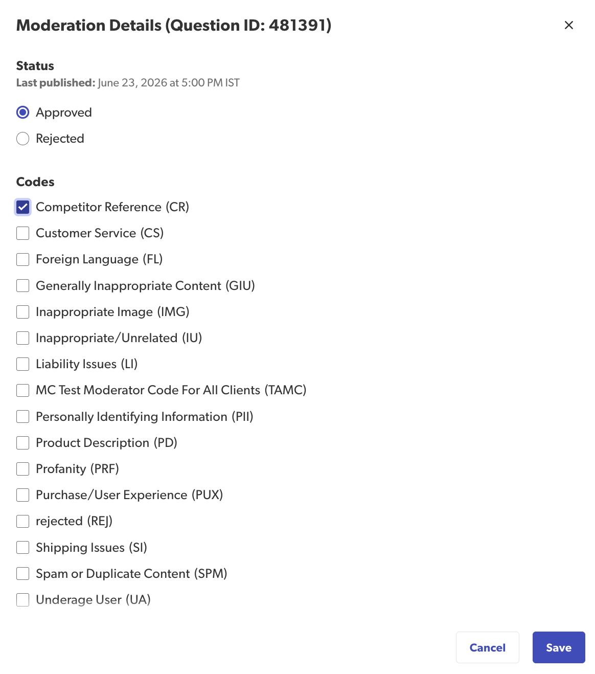 image of the moderation modal in the Detail View