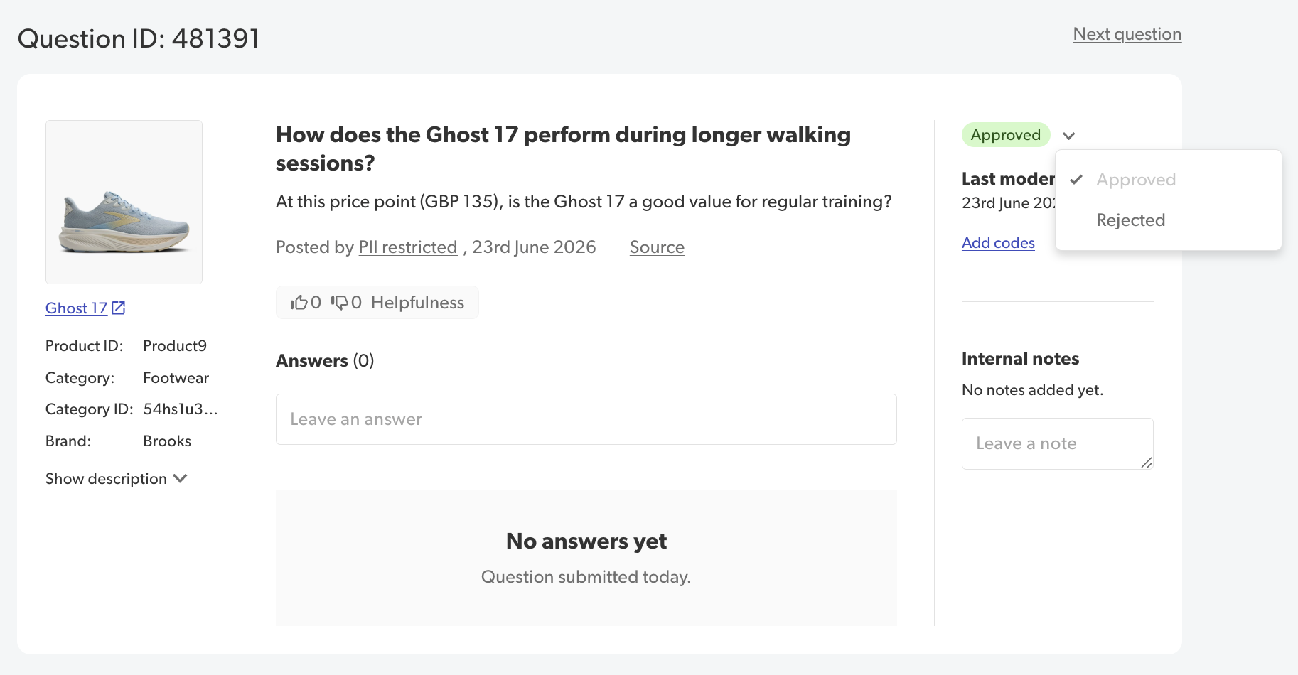 Image of how to moderate a question in Detail View