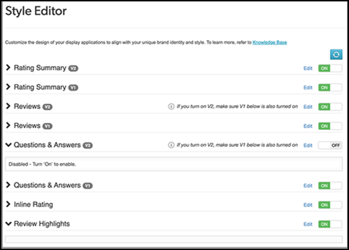The Style Editor interface showing toggle switches for Rating Summary v2 and Reviews v2 set to the ON position