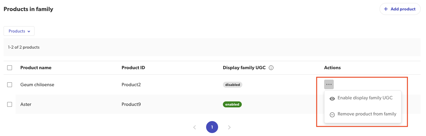 Actions menu in the Manage families
