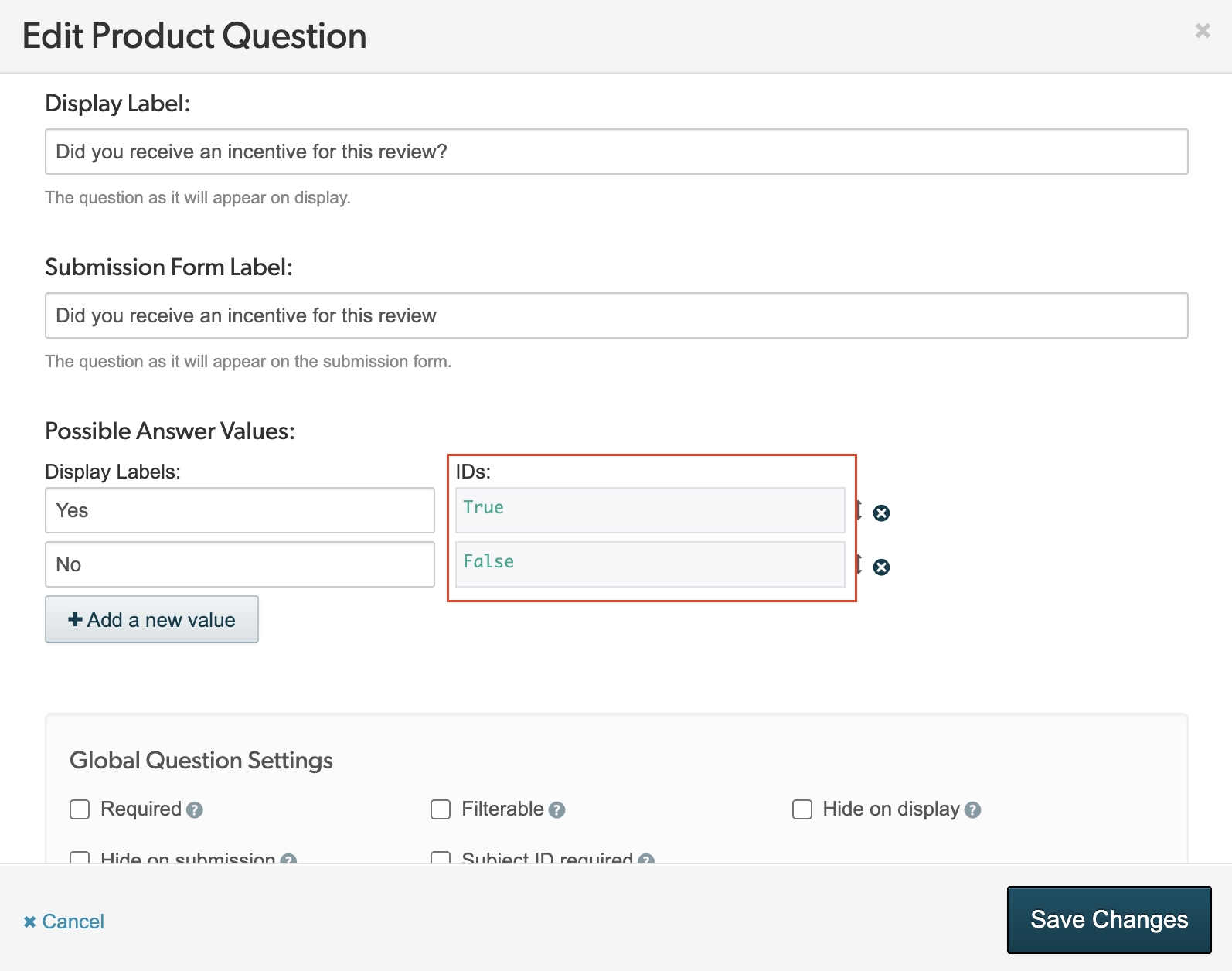Edit product questions window showing the Display labels and Display IDs