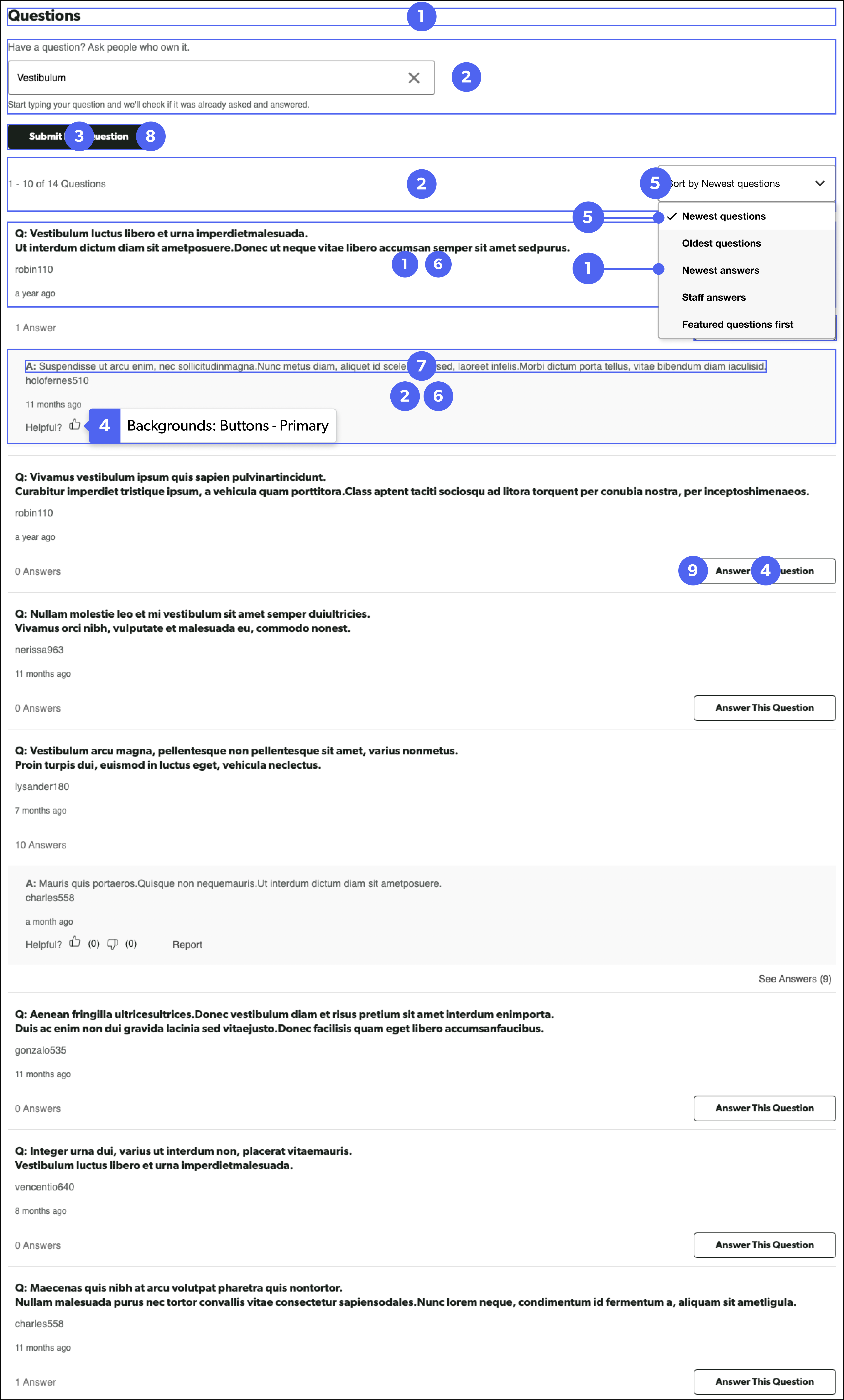 Questions and Answers v2 display example with numbered callouts identifying configurable interface elements.