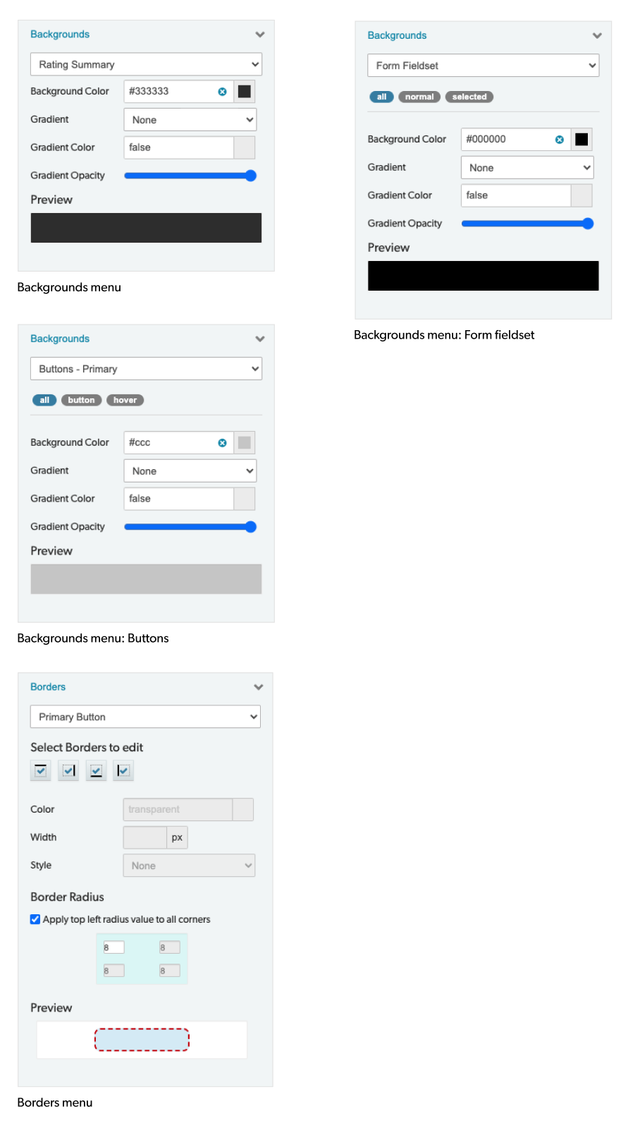 Interface screenshot showing the configuration menus for Backgrounds and Borders.