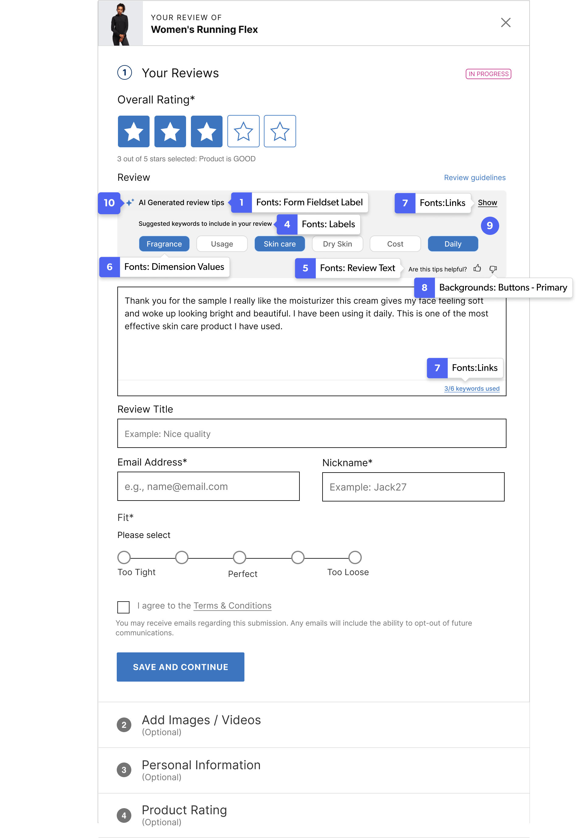 Content Coach example with numbered callouts identifying configurable font, background, and icon elements.
