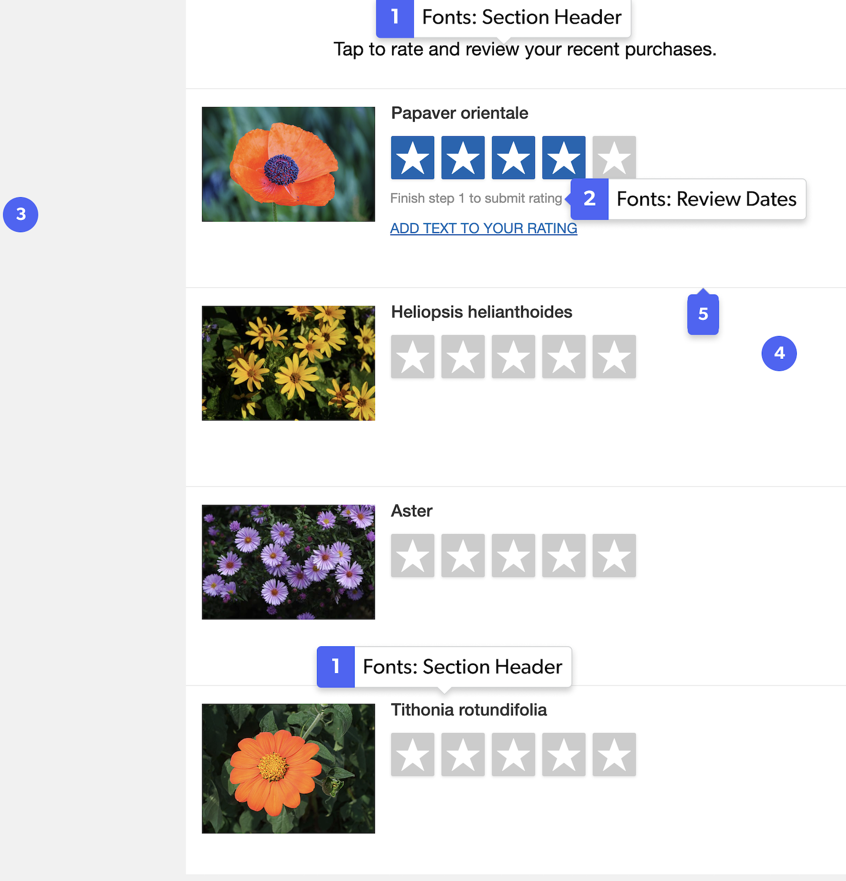 Multiproduct submission listing page example with numbered callouts identifying configurable interface elements.