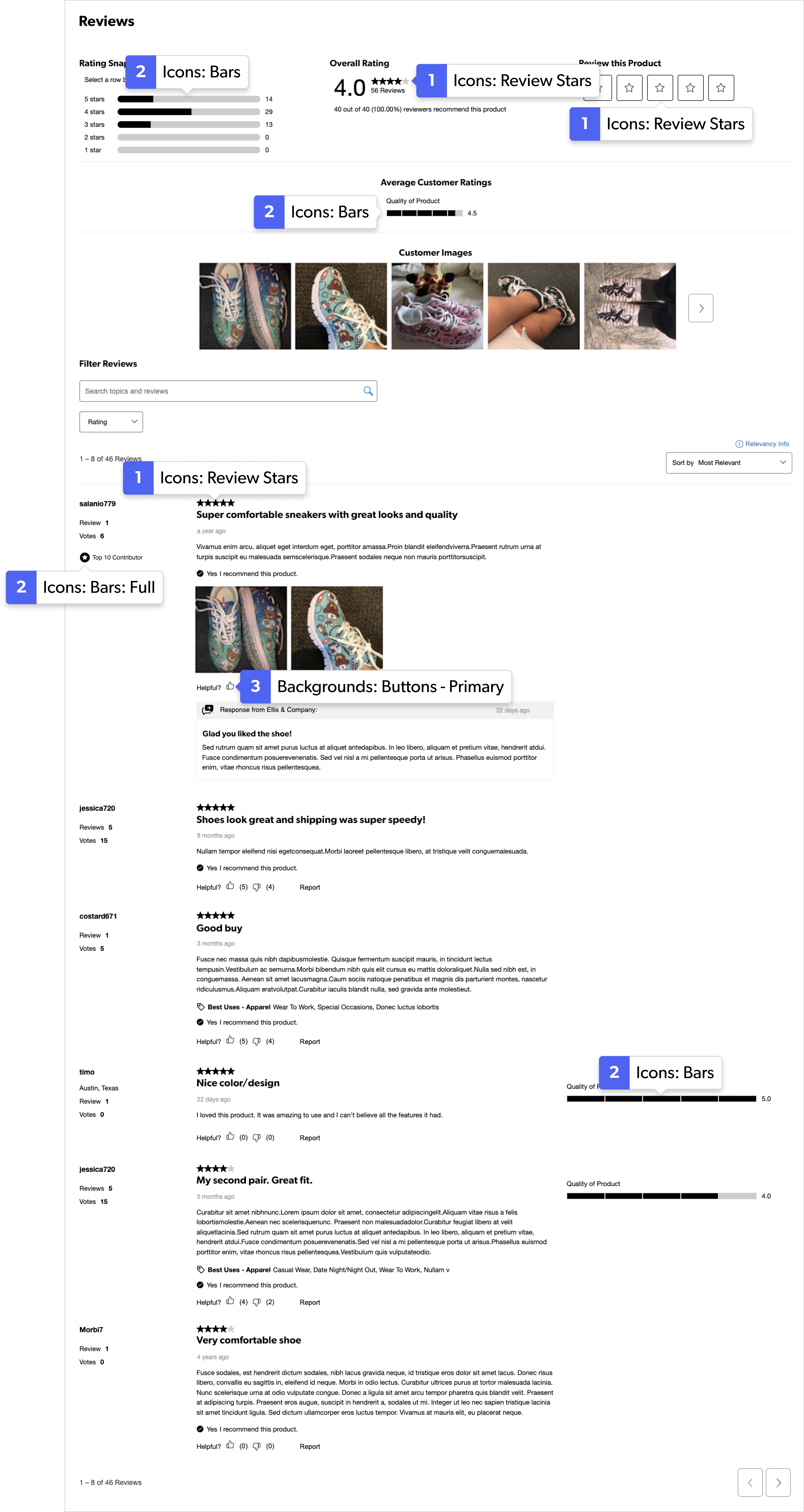 Reviews display example highlighting the visual appearance of review stars, badge bars, and helpfulness voting icons.
