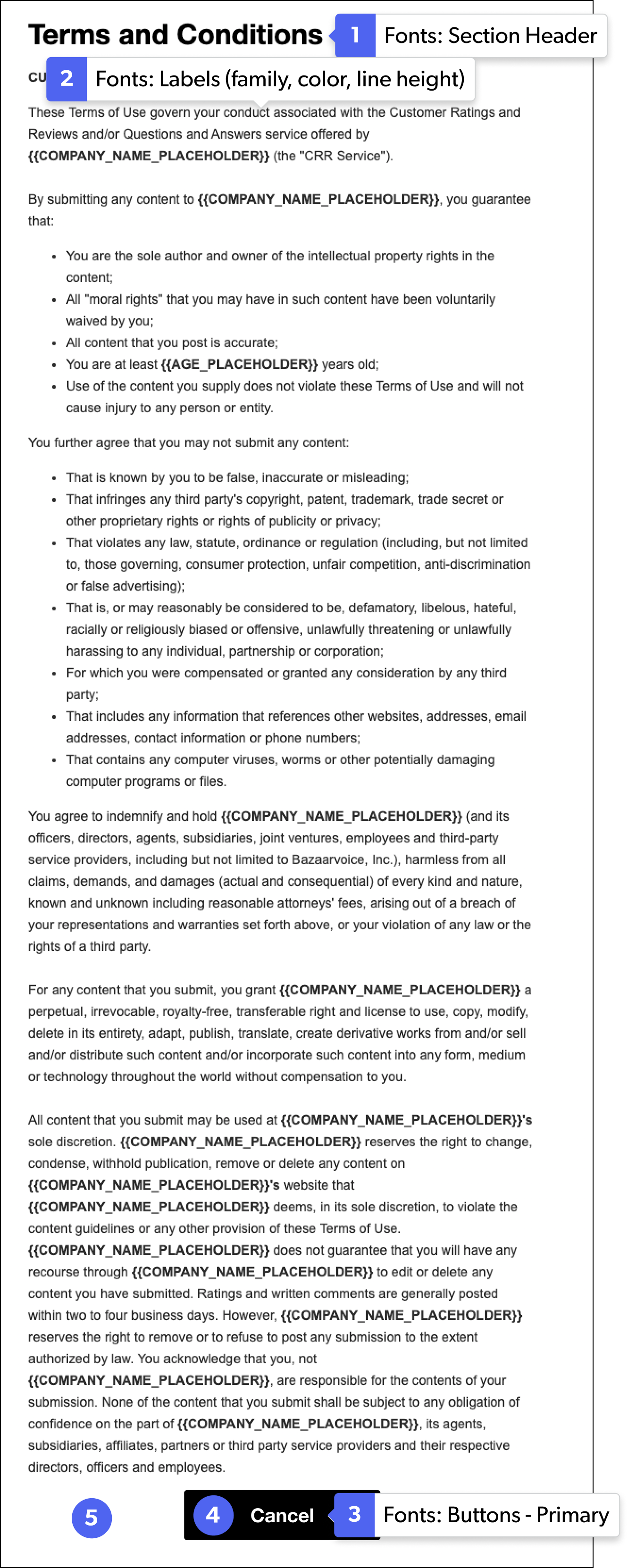 Example of the Terms and Conditions layout showing Section Headers, Labels, and Primary Buttons.