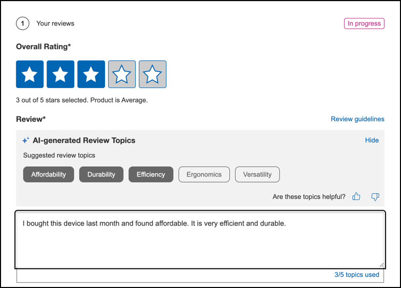 Displays 5 AI-generated review topics which consumers can use to write their review