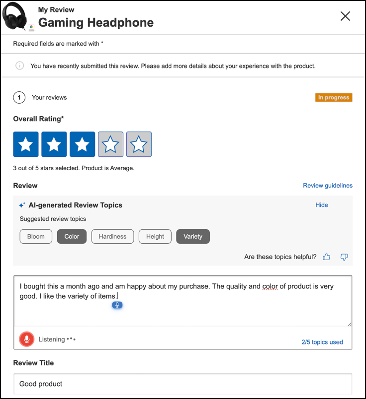Displays a submission form with Talk to Text feature (mic) enabled