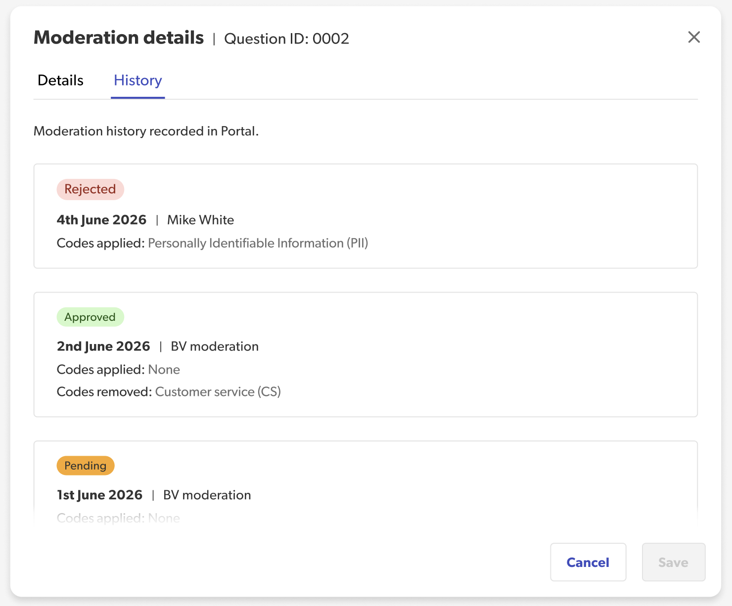 image of moderation history tab