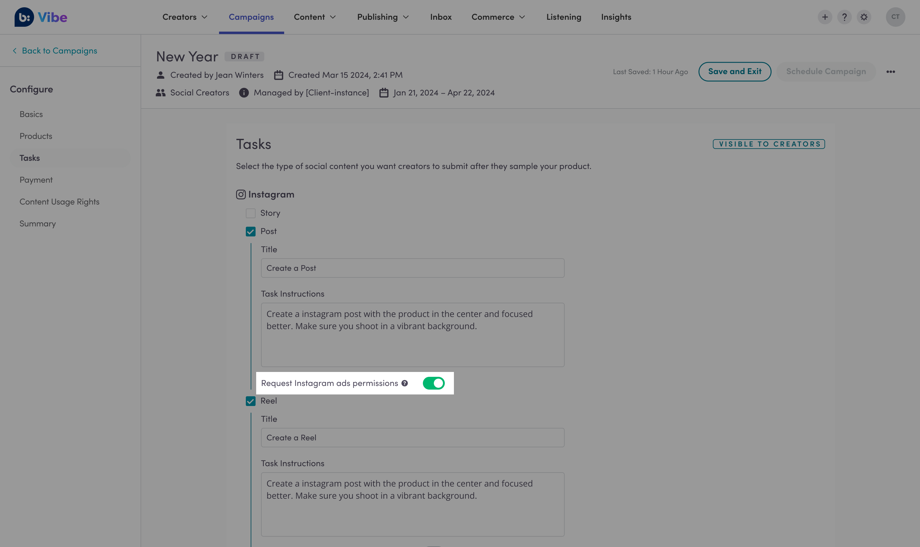 The Tasks page showing the Request Instagram ads permissions toggle switched to the on position.