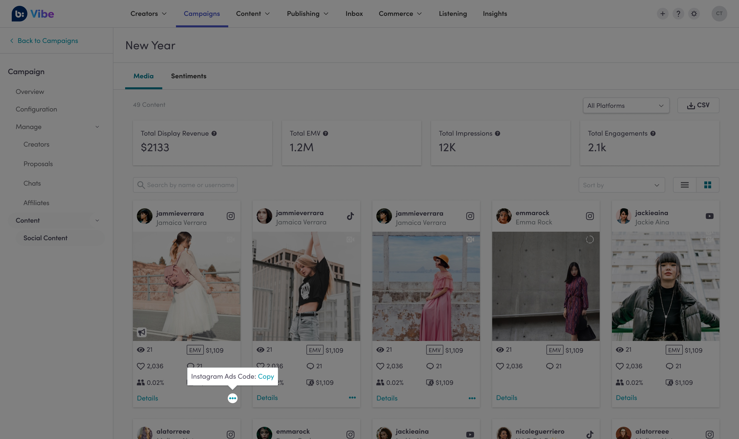 A content item thumbnail with the options menu open, highlighting the Copy button next to the Instagram Ads Code.