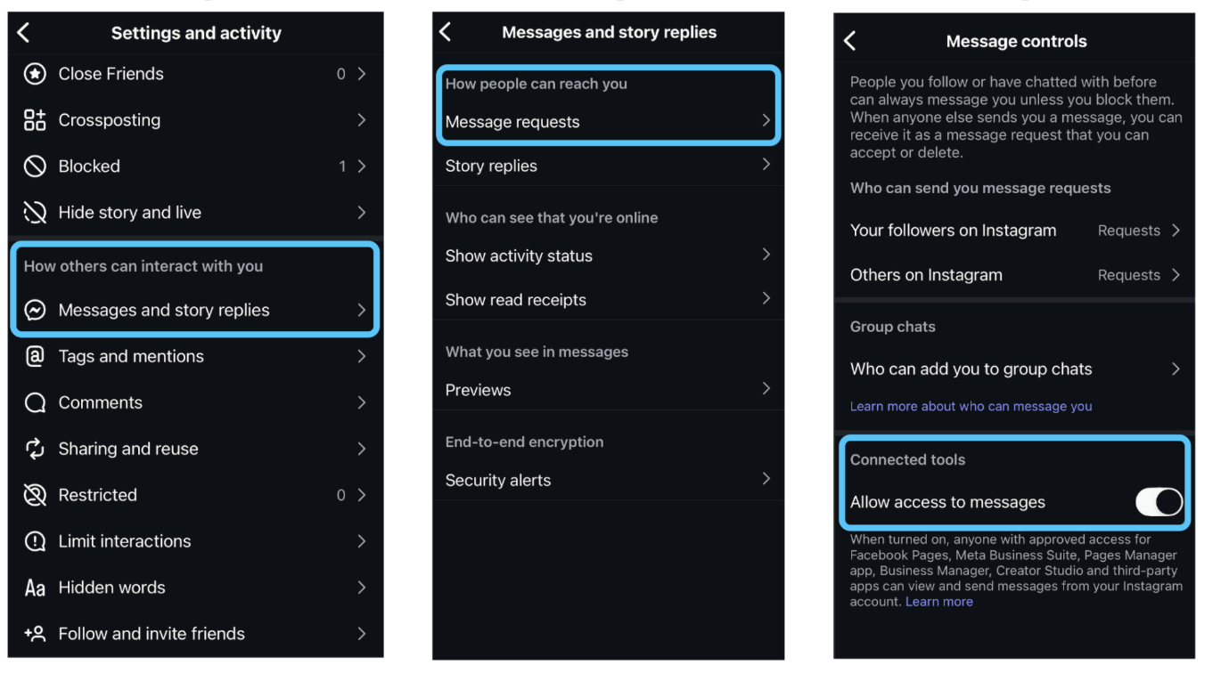 In the Instagram Message controls settings, the Allow Access to Messages toggle is switched on.