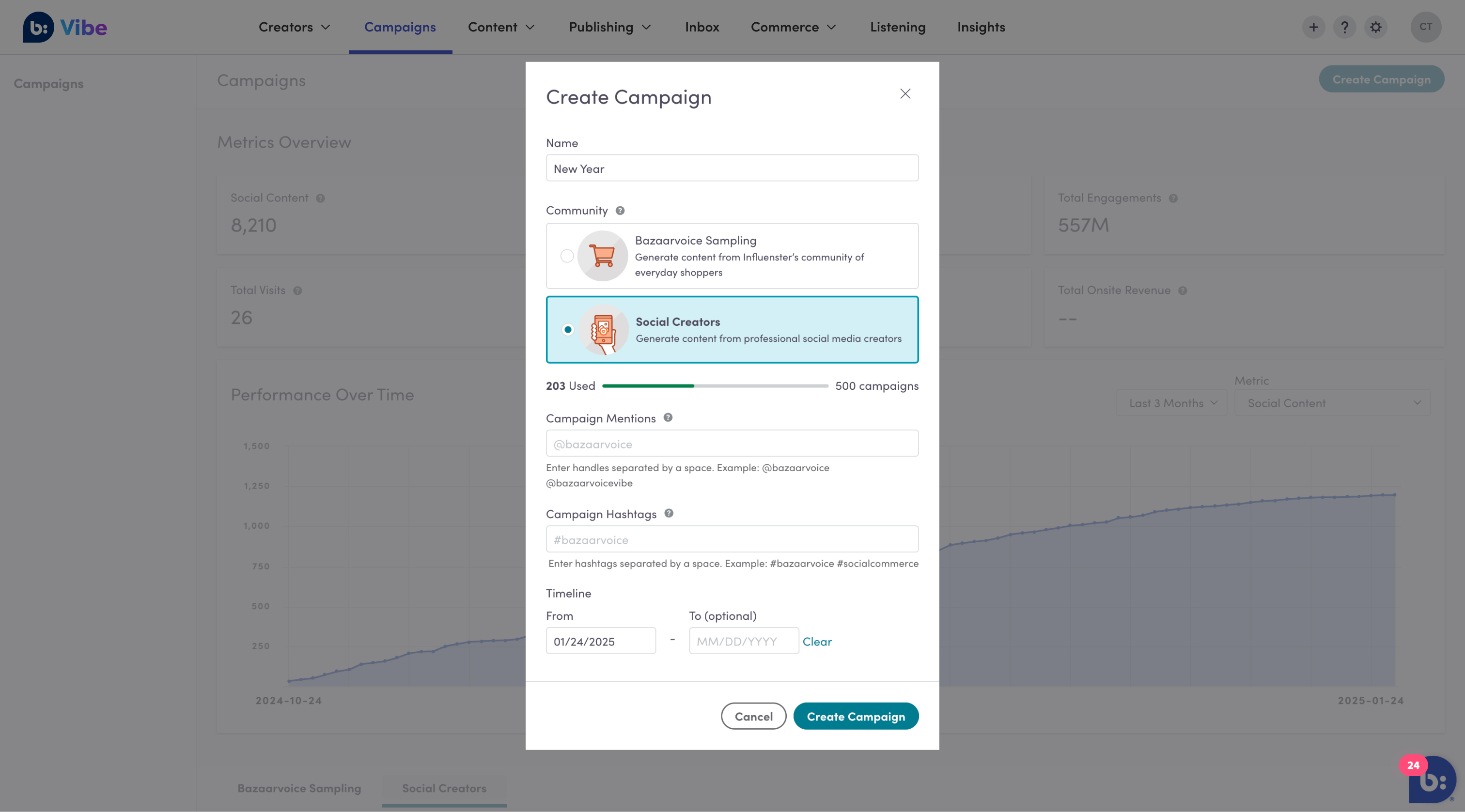 The campaign creation screen in Vibe showing the option to select a Social Creators campaign type.